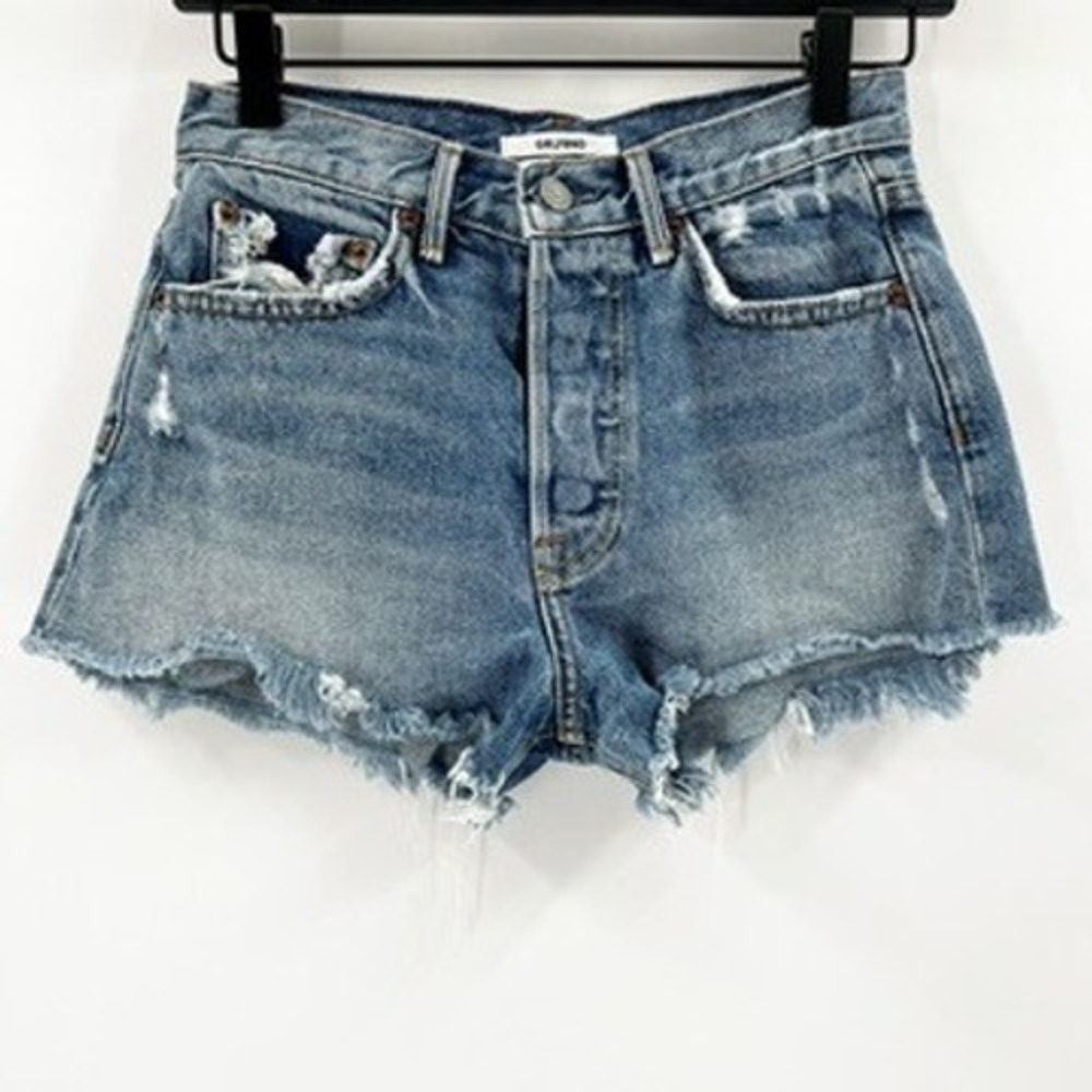 GRLFRND Helena High Rise Cut Off Denim Shorts Distressed Frayed Blue Size 23